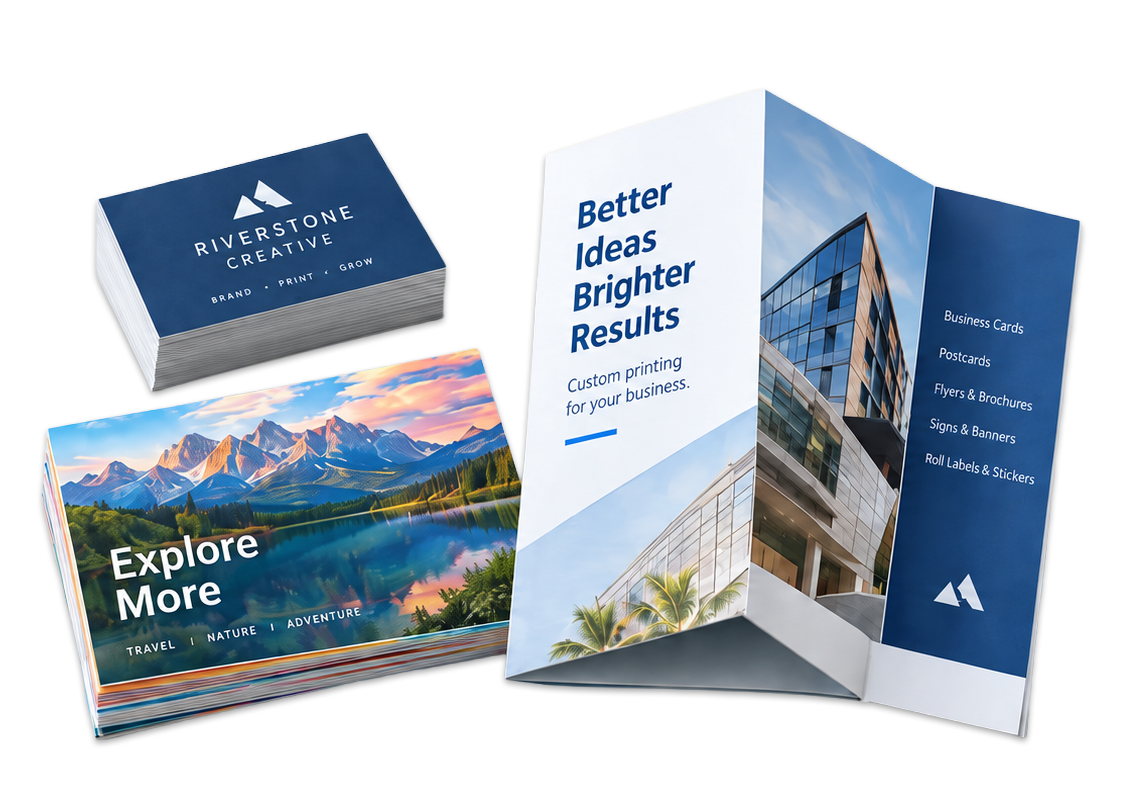 Business cards, postcards, a folded brochure, a rolled vinyl banner and a yard sign on a wooden desk